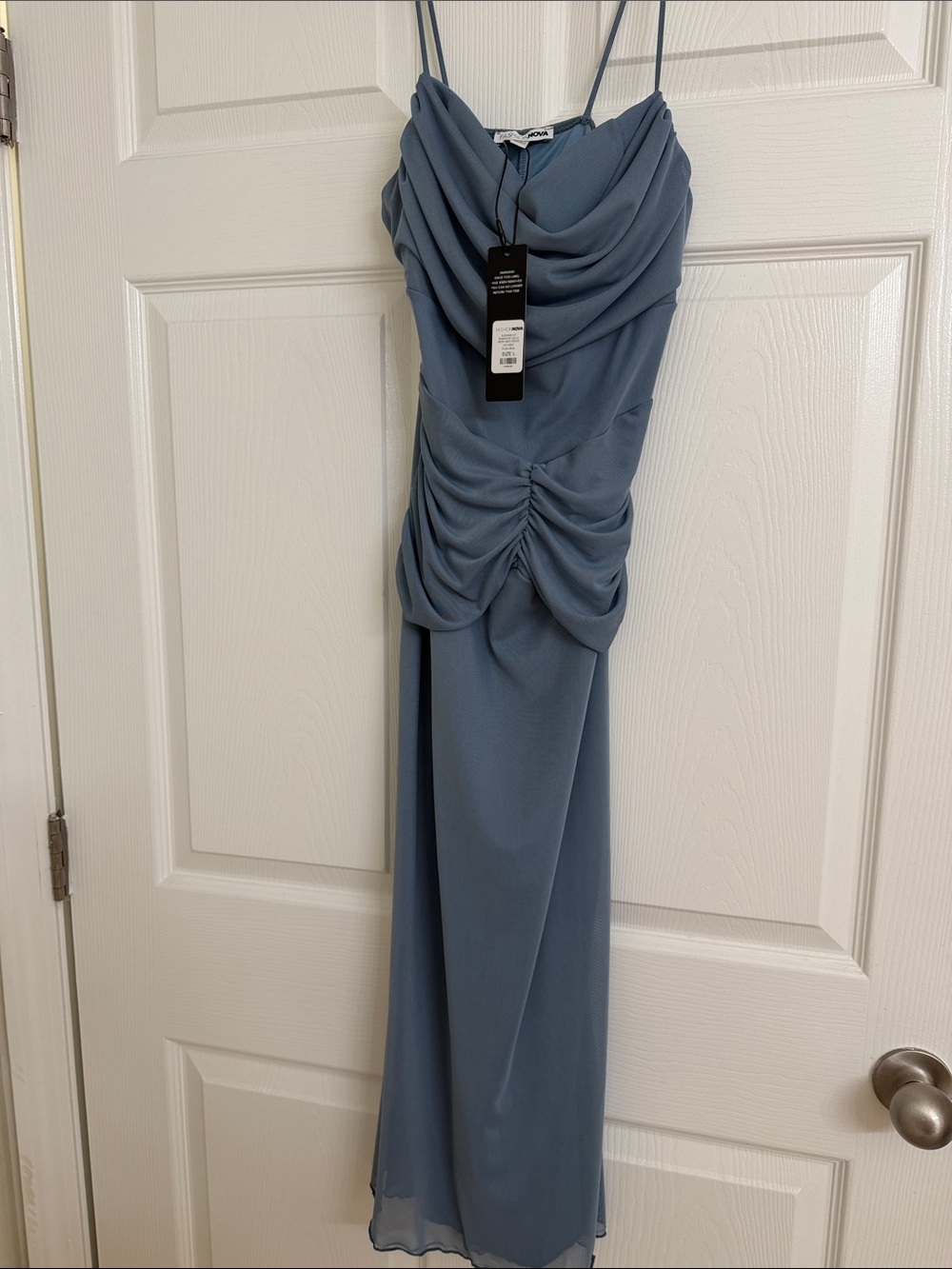 Fashion Nova Draped Spaghetti-Strap Maxi Dress in Dusty Blue